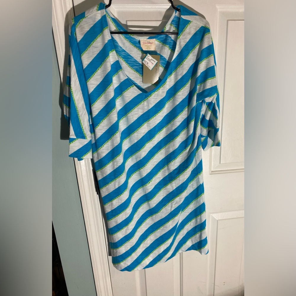 Lilly Pulitzer Blue and White Striped Swim Coverup with Green Details